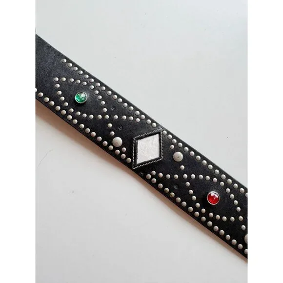 GAP Black Leather Jewel Embossed Studded Card Suit Hip Belt, Size 32/M - Picture 3 of 16